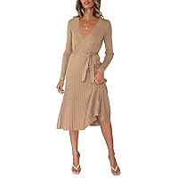 Pink Queen Women's Wrap Sweater Dress V Neck Long Sleeve Ribbed Swing Knit Party Midi Dresses with Belt Khaki L