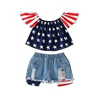 Independence Day Toddler Suit Summer Small Children Print Tops Blue Shorts Girl's Suit Baby Rose Outfit