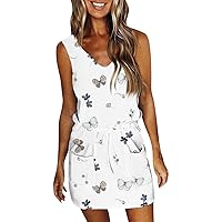 Summer Dresses for Women 2024 Vacation Casual V Neck Mini Tank Dress Floral Drawstring Sundresses with Pockets