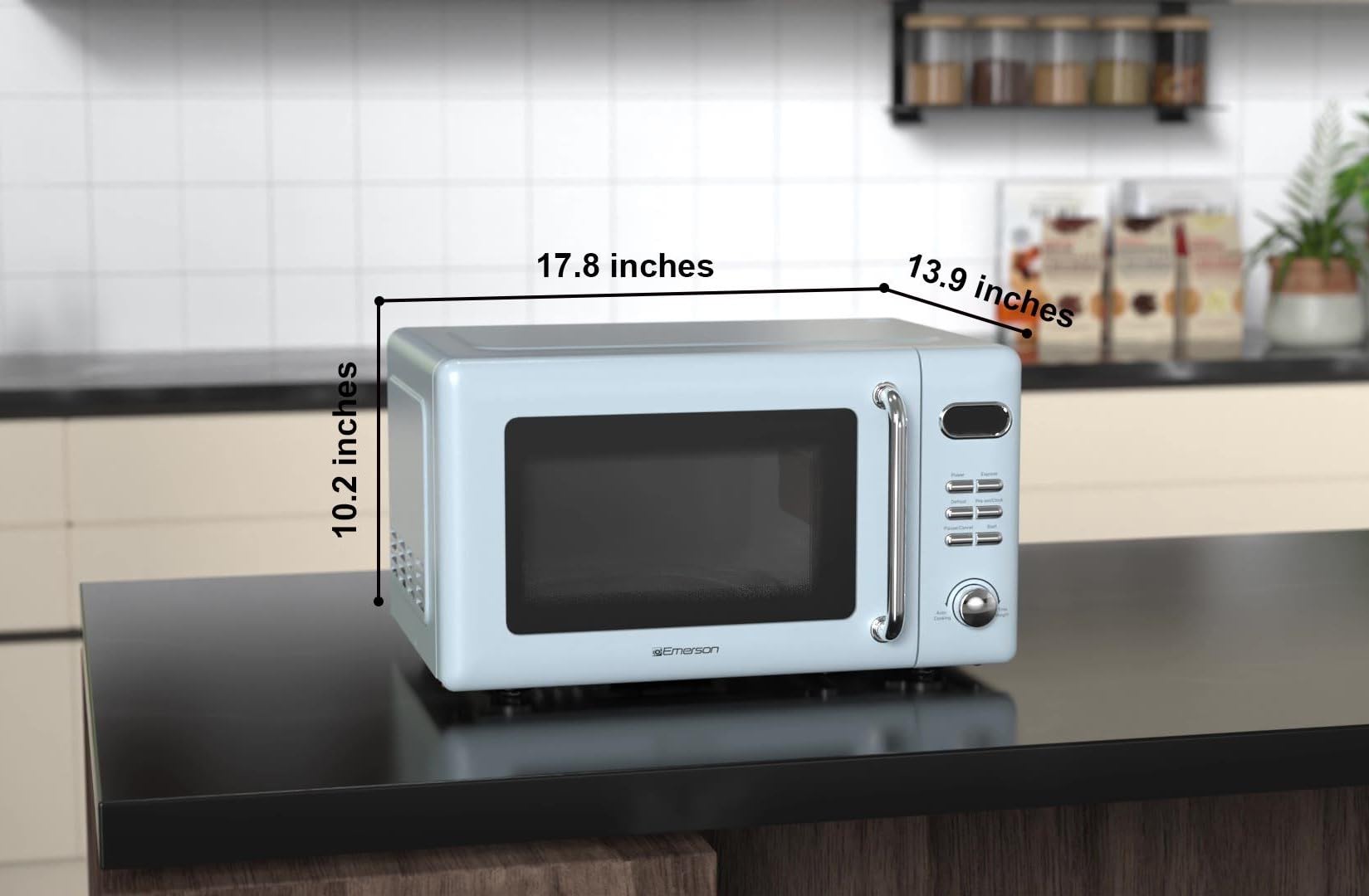 Emerson MWR7020BL-N Retro Digital Microwave Oven with Timer & LED Display 700W, 5 Micro Power Levels, 8 Pre-Programmed Settings, Time & Weight Defrost with Child Safe Lock, 0.7 Cu. Ft, Blue