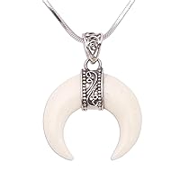 NOVICA Handmade Cow Bone Pendant Necklace Crescent .925 Sterling Silver Chain No Stone Indonesia Sun Moon 'Moonlight Glory'
