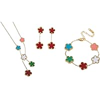 Five Leaf Lucky Clover Jewelry Set, Minimalist Creative Plant Flower Design Four leaf clover 18K Gold Plated Stainless Steel Pendant Necklace Earrings Bracelet Jewelry Set (3pcs colorful set v2)