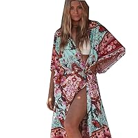 Vintage Floral Print Rayon Cotton Long Duster Cover Ups Casual Loose Fit Holiday Bohemian Kimono Robes