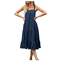 Beach Dresses for Women, Ladies Sexy Casual Suspender Loose Layered Pleated Dress Flowy Summer, S XXL