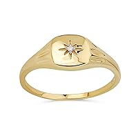 Bling Jewelry Minimalist Genuine Diamond Chip Yellow 14K Gold North Star Textured Ring for Women Delicate Thin 1MM Band
