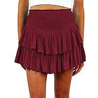 Women Mini Skirts Smocked A Line Flared Ruffle Hem Casual Short Skirt Shorts