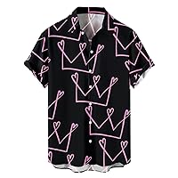 Valentine's Day Hawaiian Shirt for Men Casual Love Heart Printed Short Sleeve Button Down Beach Shirts Gift for Him