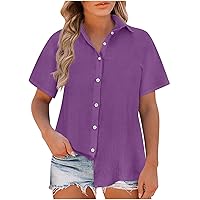 Womens Cotton Linen Button Down Shirt 2024 Casual Short Sleeve Plain Solid Color Shirts Loose Work Tops