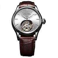 Guanqin Mechanical Hand-Winding Watch Skeleton Tourbillon Watch Men's Stainless Steel Transparent Back Sapphire Glass Genuine Leather Band Male Luminous Watch Waterproof