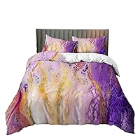 Bedding 3 Pieces Marble Quilt Cover Set Luxury Durable Home Textile with 2 Pillow for All Seasons Bedroom Dark Purple Full