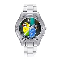 Love Birds Parrots Sitting Together Stainless Steel Band Business Watch Dress Wrist Unique Luxury Work Casual Waterproof Watches