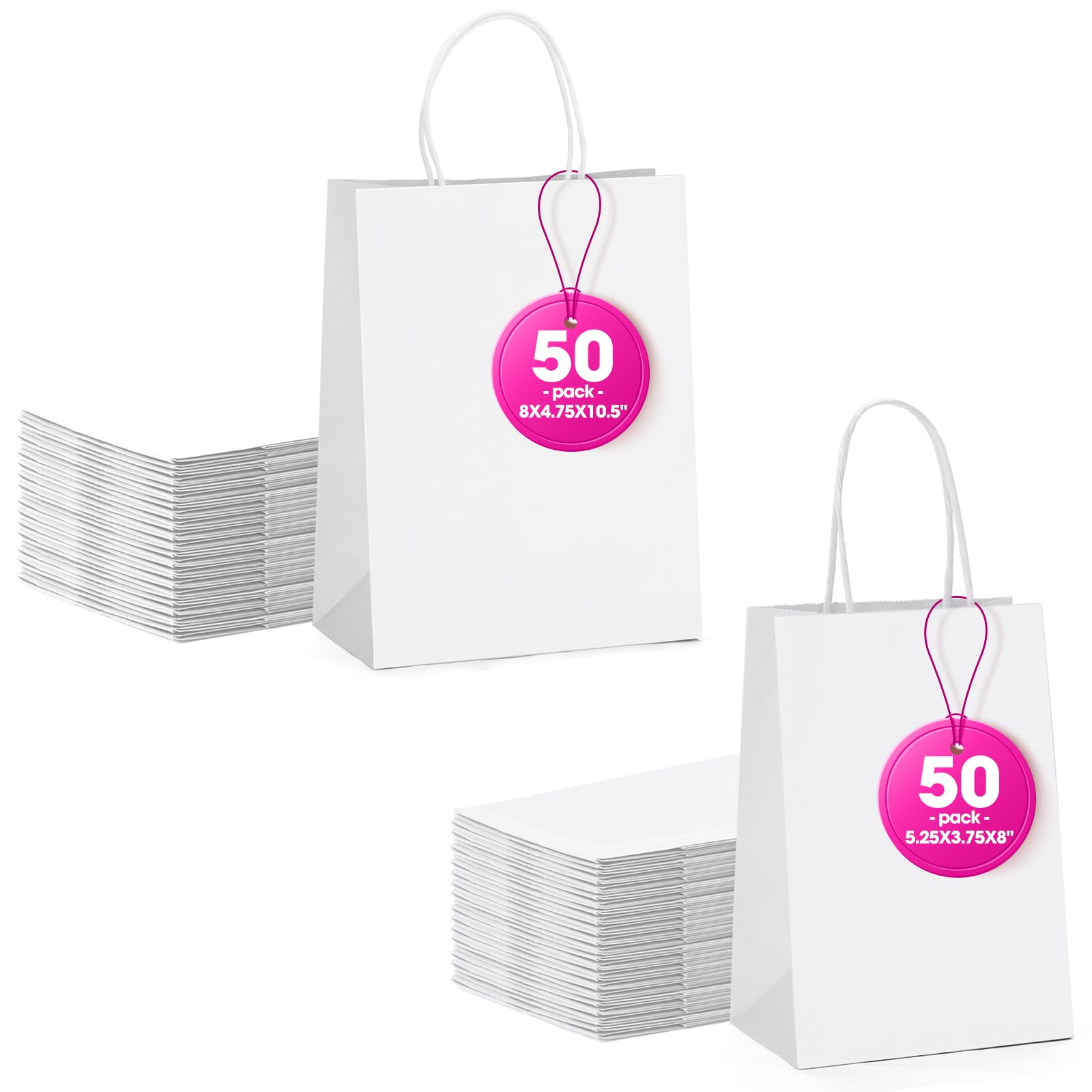 MESHA White Gift Bags 5.25x3.75x8 Inches 50Pcs & 8x4.75x10.5 Inches 50Pcs White Paper Bags with Handles Small Shopping Bags,Wedding Party Favor Bags