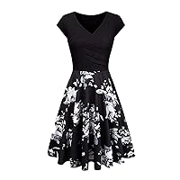 GRASWE Women's Casual Floral Printed Pleated Dress Slim Wrap A Line Swing Dress