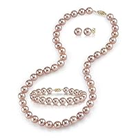The Pearl Source 14K Gold 7-8mm Round Pink Freshwater Cultured Pearl Necklace, Bracelet & Earrings Set in 18