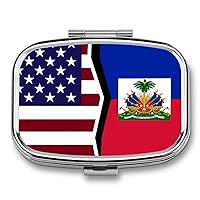 American and Haiti Flag Rectangular Pill Box Portable Medicine Pill Case 2 Compartment Pill Organizer for Travel Pocket Purse