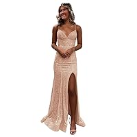 Sequin Prom Dresses for Women Sparkly Mermaid Ball Gown V Neck Spaghetti Strap Long Formal Evening Dress with Slit