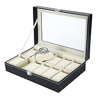 NovelBee 12 Slots Watch Boxes Jewelry Display Case Organizer with Removable Cushions,Framed Glass and Secure Lock for Watch Jewelry Storage