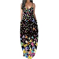 Women's Sexy Summer Sundress Maxi Dresses Plus Size Loose Butterfly Printed Colorful Adjustable African Dress with Pockets