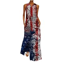 July 4th Tie Dye Stars Stripes Tank Long Maxi Dress for Womens Summer Sleeveless V Neck Fashion Swing Tunic Dresses