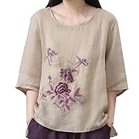 Cotton Summer Tops for Women Vintage Button Down 2024 Linen Shirts Fringe Spring Casual Flowy Peplum 3/4 Sleeve Loose
