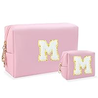 Personalized Initial Letter Makeup Bag Preppy Patch Bag, 2Pcs Waterproof PU Leather Chenille Letter Cosmetic Bag, Pink Travel Makeup Bag with Zipper for Girls Women (Letter M)