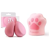 BEAKEY 2 Pcs Makeup Sponge Set, Latex Free Pink Beauty Sponge & Silicone Makeup Sponge Holder, Cat Hug Beauty Sponge Blender Case with Vent Design for Quick Drying