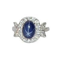 GEMHUB Oval Shape 4 Ct Halo Style Natural Blue Star Sapphire 925 Sterling Silver Engagement Ring for Valentines