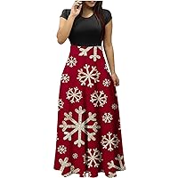 Womens Empire Waist Short Sleeve Full Length Maxi Dresses Christmas Snowflake Print Trendy Casual Dress Bodycon Dress