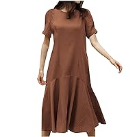 Women's Summer Short Sleeve Linen Midi Dresses Ruffle Hem Casual Plain T-Shirt Dress Flowy Swing Beach Sundress