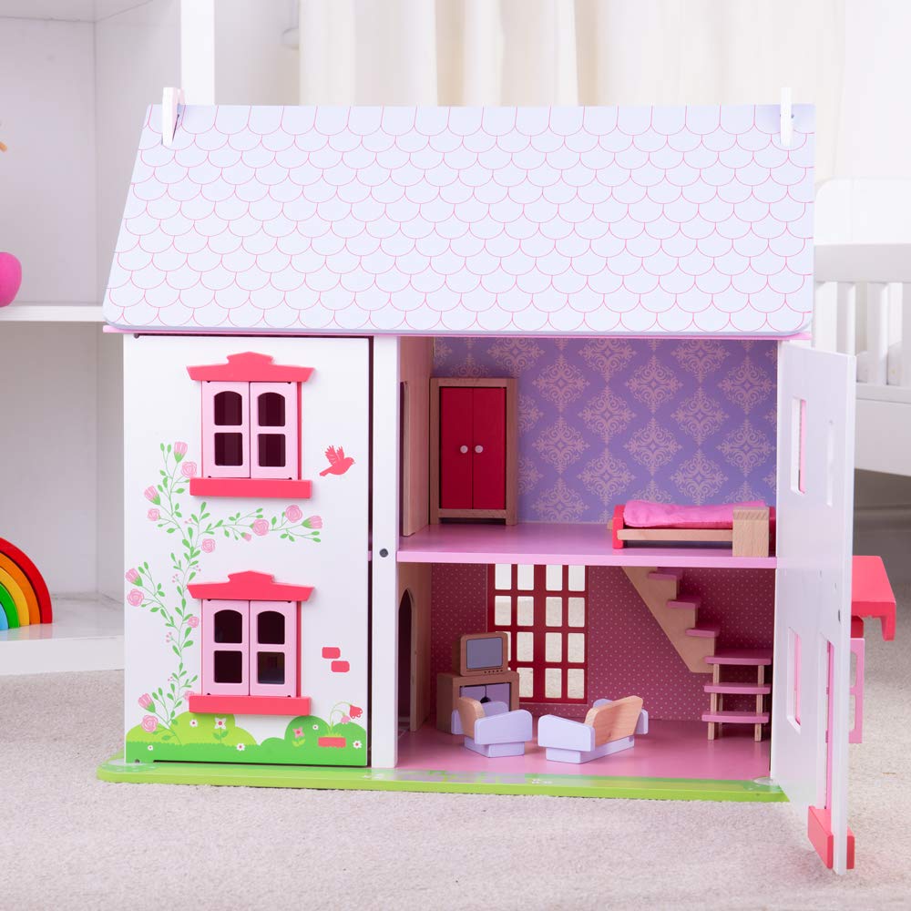 Bigjigs Toys, Heritage Playset Rose Cottage Doll House, Wooden Toys, Wooden Dolls House, Doll House for Toddlers, 18pcs Dolls House Furniture, Girls Toys, 3 Year Old Girl Gifts, Wendy House