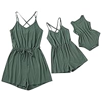 AWIBMK Mommy and Me Dresses Outfits Solid Color Spaghetti Straps Family Matching Jumpsuit Romper for Mother and Daughter