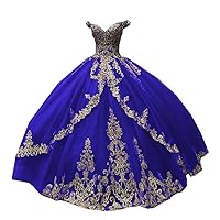 Gold Embroidered Ball Gown Quinceanera Prom Dresses Mexican XV Damas Off Shoulder Puffy for Women 2024