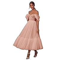 Eighale Tulle Dotted Tea Length Prom Dresses Off The Shoulder A-Line Formal Evening Party Gown