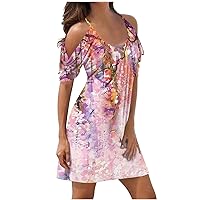 Prime of Day Deals Today Only Summer Dresses for Women 2024 Cold Shoulder Short Sleeve A-Line Casual T-Shirt Dress Plus Size Swing Cute Mini Dress