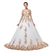 Sparkly Gold Sequined Lace Flower Ball Gown Wedding Dresses for BrideTulle Long Sleeves Corset