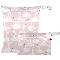 visesunny Cute Swan Heart 2Pcs Wet Bag with Zippered Pockets Washable Reusable Roomy Diaper Bag for Travel,Beach,Pool,Daycare,Stroller,Diapers,Dirty Gym Clothes, Wet Swimsuits, Toiletries