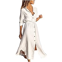 Maxi White Shirt Dress for Women Summer Button Up Open Front Long Dress Solid Waisted 3/4 Sleeve Cotton Linen Dress