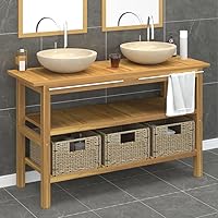 INLIFE Bathroom Vanity Cabinet with Cream Marble Sinks Solid Wood Teak-2732