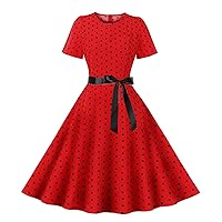 1950s Dresses for Women Fashion Casual Slim Fit Polka Dot Round Neck with Belt Short Sleeve Dress