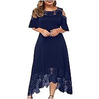 Women Off Shoulder Short Sleeve Midi Dress Plus Size Hollow Out Floral Lace Cocktail Dresses Elegant High Low Dress