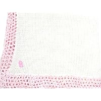 Knitted Crochet Finished White Cotton Pink Trim Baby Blanket with Double Heart