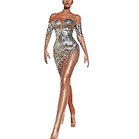 Cheongsam Dress for Women,Women's Sequined One Houlder Sexy Mesh See Through Long Evening Gown Wine Long Dresse