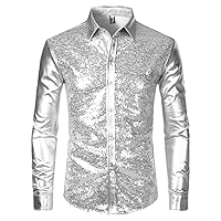 Men's Disco Shiny Gold Sequin Metallic Design Dress Shirt Long Sleeve Button Down Bday Party Stage Costume