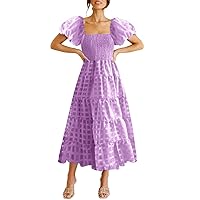 Women's Smocked Maxi Dress Square Neck Ruffle Hem Puffy Short Sleeve Flowy Midi Dress