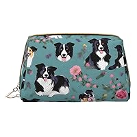 Border Collie Florals Print Cosmetic Bags,Leather Makeup Bag Small For Purse,Cosmetic Pouch,Toiletry Clutch For Women Travel