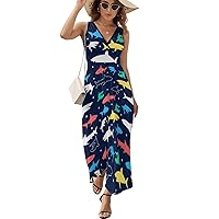 Color Sharks Print Women's Sleeveless V Neck Dress Casual Long Dress Summer Ankle Length Dresses