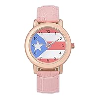 Puerto Rico Flag Fashion Leather Strap Women's Watches Easy Read Quartz Wrist Watch Gift for Ladies