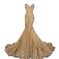 Luxury Gold Mermaid Wedding Dresses Appliques Beaded Bridal Gown Lace-up