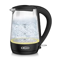 BELLA 1.7 Liter Glass Electric Kettle, Quickly Boil 7 Cups of Water in 6-7 Minutes, Soft Yellow LED Lights Illuminate While Boiling, Cordless Portable Water Heater, Carefree Auto Shut-Off, Black