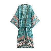 Vintage Floral Print Maxi Hippie Cover Ups Dress Bohemian Rayon Batwing Sleeve 3/4 Sleeve Long Duster Kimonos